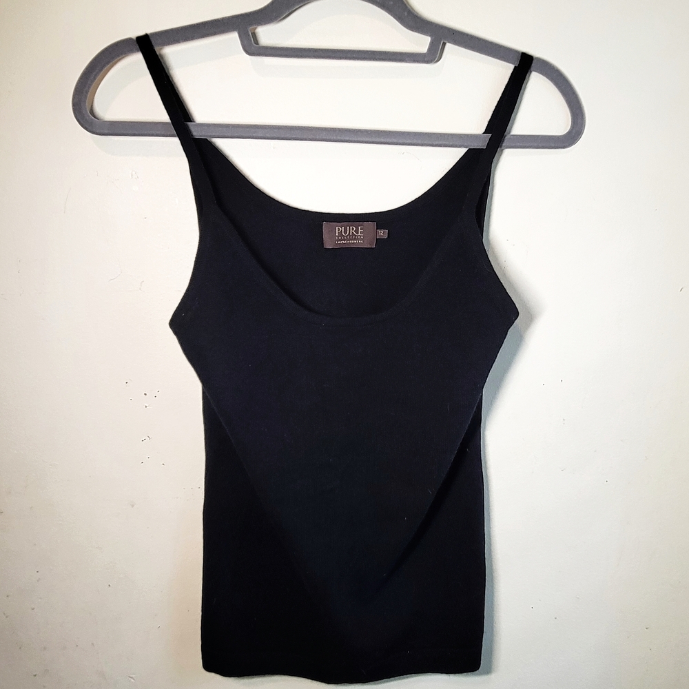 Pure Black Cashmere Sleeveless Cami Tank Cozy Soft Sz 12 Minimalist Quiet Luxury